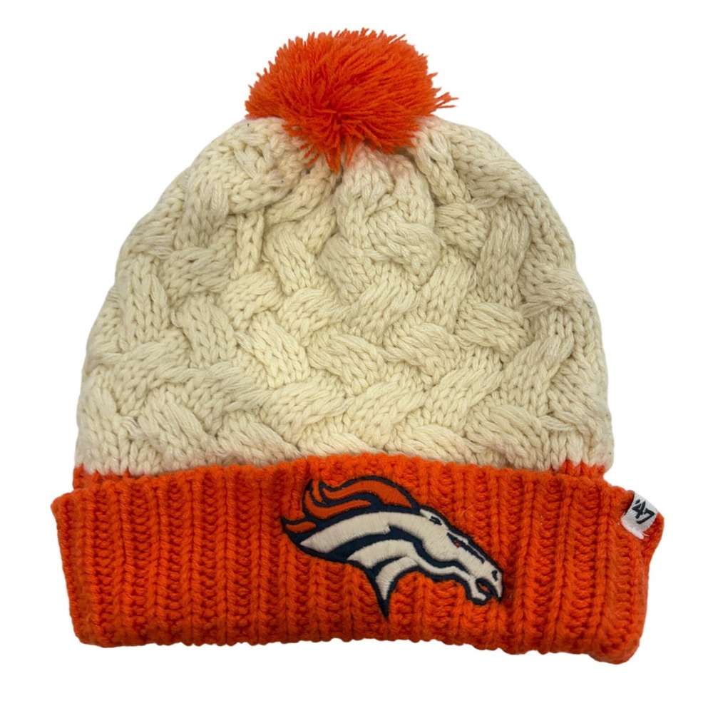 47 Brand Denver Broncos Women's Cable Knit Pom Beanie Hat Cream Orange NFL